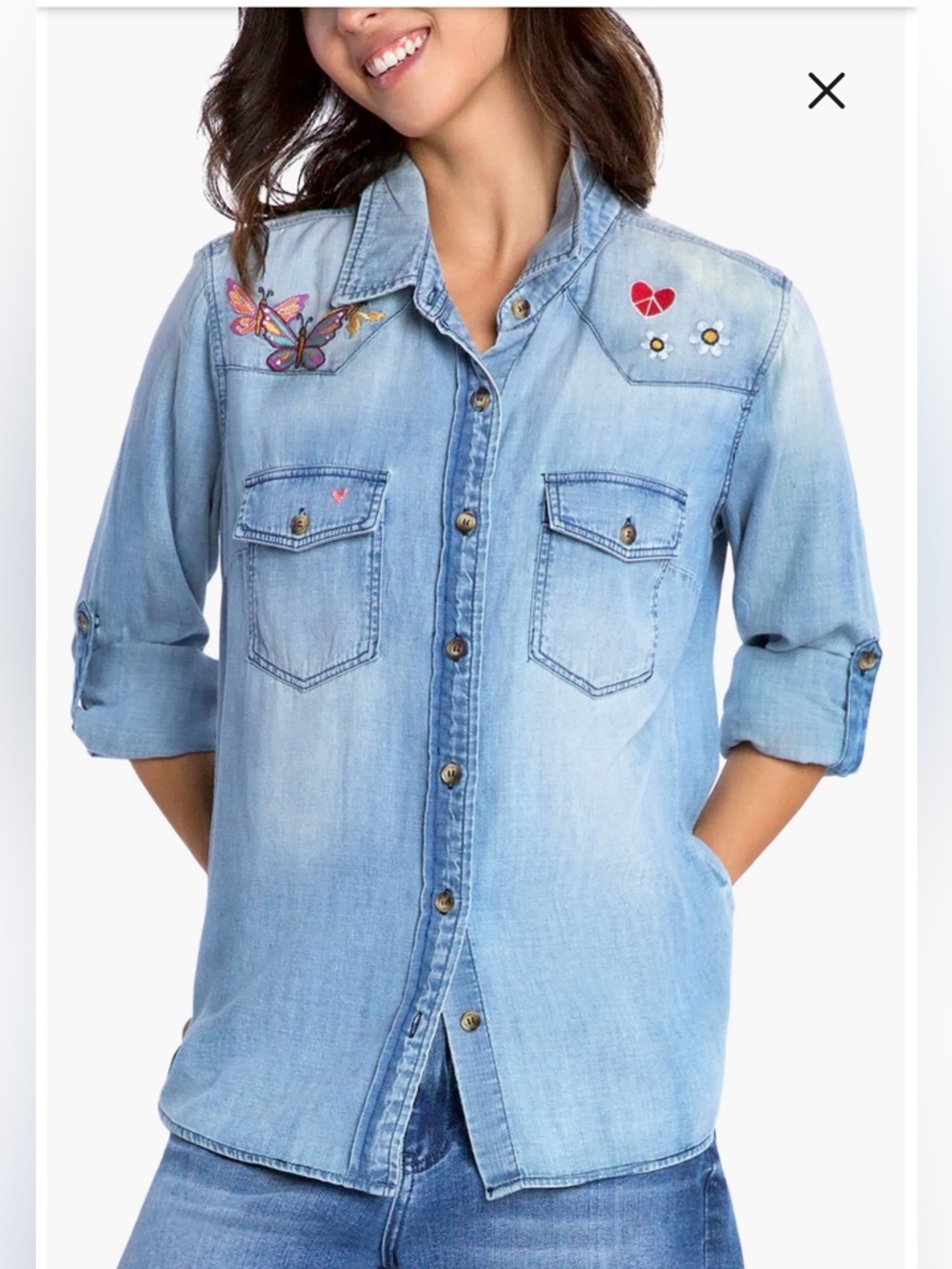 Billy T Butterfly Kiss Embroidered Denim
Graphic Button-Up Shirt